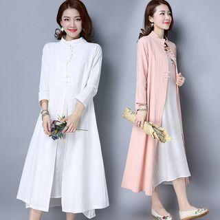Plain Long Sleeve Linen Blend Mandarin Collar Dress
