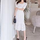 Set: Eyelet Lace Short-sleeve Blouse + Ruffle Hem Midi Pencil Skirt