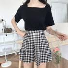 Short-sleeve Plain Top / Plaid A-line Mini Skirt