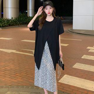 Elbow-sleeve Asymmetrical T-shirt / Side-slit Leopard Print Midi Skirt