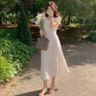 Puff-sleeve V-neck Plain A-line Midi Dress