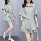 Set: Short-sleeve Tie-front Blouse + Wide-leg Shorts