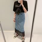 Lace-hem Denim Long Skirt