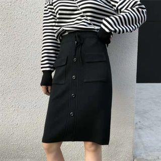 Button Detail Drawstring Knit Skirt