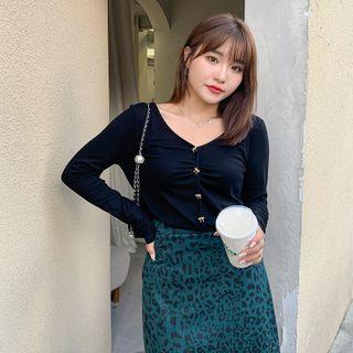Long-sleeve V-neck Bow Button Knit T-shirt