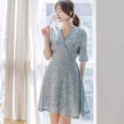 Elbow-sleeve Gathered-waist Floral Print Chiffon A-line V-neck Sheath Dress