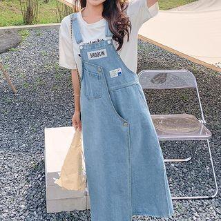 Lettering Midi A-line Denim Overall Dress