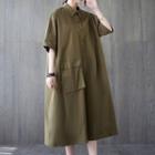 Elbow-sleeve Plain Midi Shirt Dress Army Green - One Size