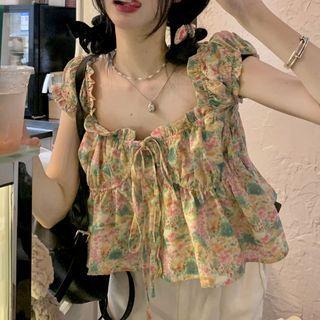 Short-sleeve Floral Print Flowy Crop Top Green & Yellow & Pink - One Size