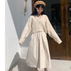 V-neck Spaghetti Strap A-line Dress / Tie Back Cable-knit Sweater