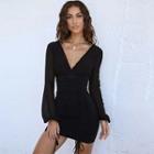Deep V-neck Drawstring-front Minidress