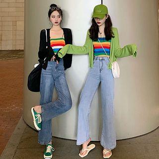 Plain Cardigan / Striped Camisole Top / High-waist Cropped Wide-leg Jeans
