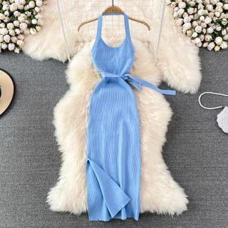Halter Slit Sheath Knit Dress With Sash