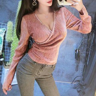 Embellished V-neck Long-sleeve Top