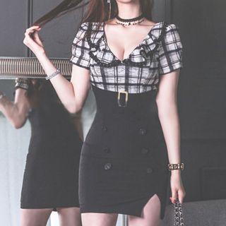 Short-sleeve Plaid Double-breasted Sheath Dress