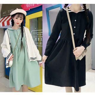 Long-sleeve Sailor Collar A-line Dress / Contrast Trim Cable Knit Cardigan