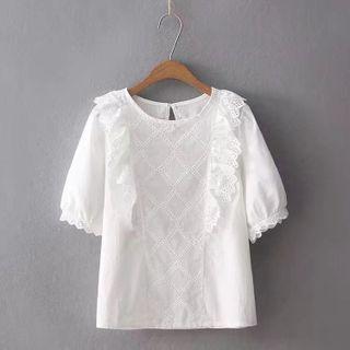 Short-sleeve Eyelet Ruffle Trim Blouse White - One Size