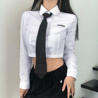 Long-sleeve Lettering Embroidered Cropped Shirt