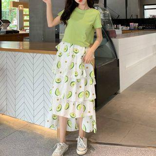 Short-sleeve Plain T-shirt / Maxi Avocado Print Layered Skirt