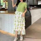 Short-sleeve Plain T-shirt / Maxi Avocado Print Layered Skirt