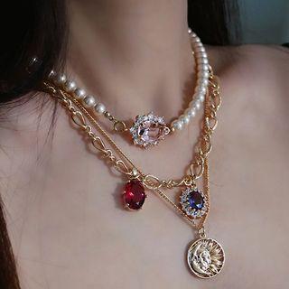 Faux Crystal Faux Pearl Choker / Faux Pearl Pendant Necklace / Alloy Pendant Necklace