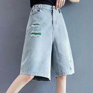 Washed Distressed Wide-leg Denim Shorts As Shown In Figure - One Size