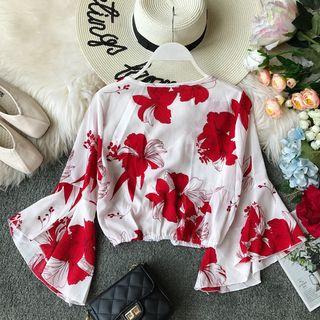 Bell-sleeve Flower Print Crop Top