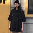Short-sleeve Pinstriped Buckled Shirt