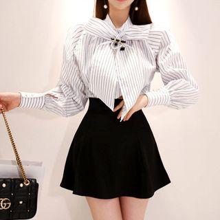 Set: Bow Accent Striped Shirt + High Waist A-line Skirt