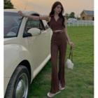 Set: Collared Button-up Halter Top + Slit-hem Boot-up Pants Coffee - One Size