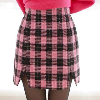 Slit-hem Plaid Miniskirt Pink - One Size