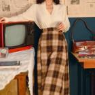 Set: Long-sleeve Buttoned Blouse + Plaid Midi A-line Skirt