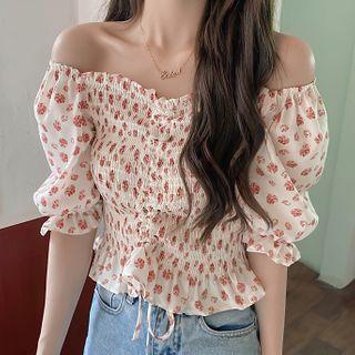 Short-sleeve Floral Print Frill Trim Drawstring Blouse