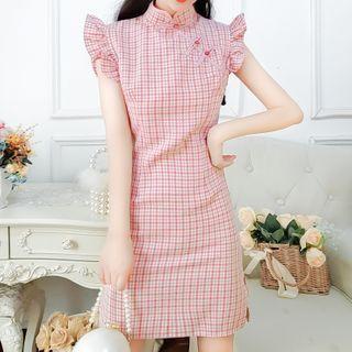 High-neck Plaid Mini Qipao Dress
