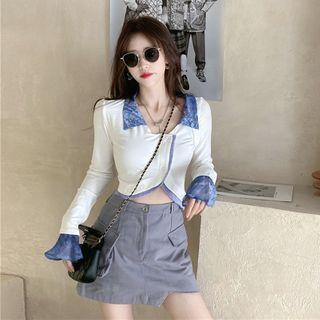 Long-sleeve Tie Dye Panel Top White - One Size