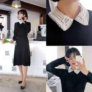 Lace-collar Balloon-sleeve Midi Knit Dress