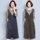 Long-sleeve Corduroy Mock Two-piece Dress