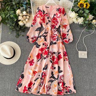 Long-sleeve Floral Midi Dress Pink - One Size