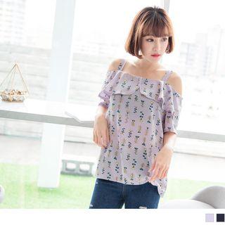 Off Shoulder Ruffled Print Top