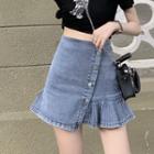 Asymmetrical Ruffle Trim Denim Mini A-line Skirt