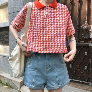 Houndstooth Short-sleeve Cropped Polo Shirt