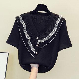 Short-sleeve Lace Trim Henley Knit Top