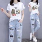 Short-sleeve T-shirt / Distressed Harem Jeans / Set