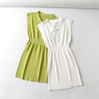 Sleeveless Collared Henley Knit Mini Sheath Dress