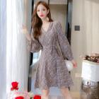 Long-sleeve Floral Print Tie-front Chiffon Dress