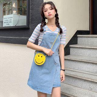 Short-sleeve Striped T-shirt / Asymmetric A-line Mini Dungaree Dress