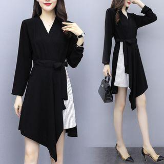 Striped Panel Asymmetric Long-sleeve A-line Dress