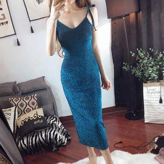 Shoulder-tie Midi Sheath Glitter Dress