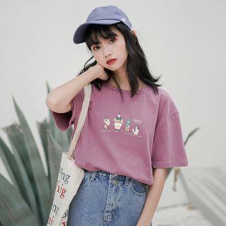 Cartoon Print Short-sleeve T-shirt Mauve - One Size