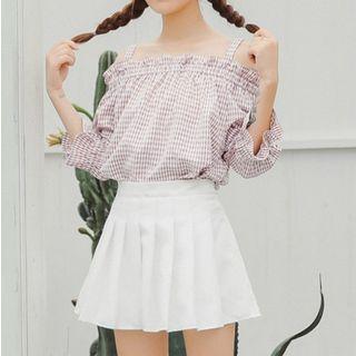 Gingham Off-shoulder 3/4-sleeve Top